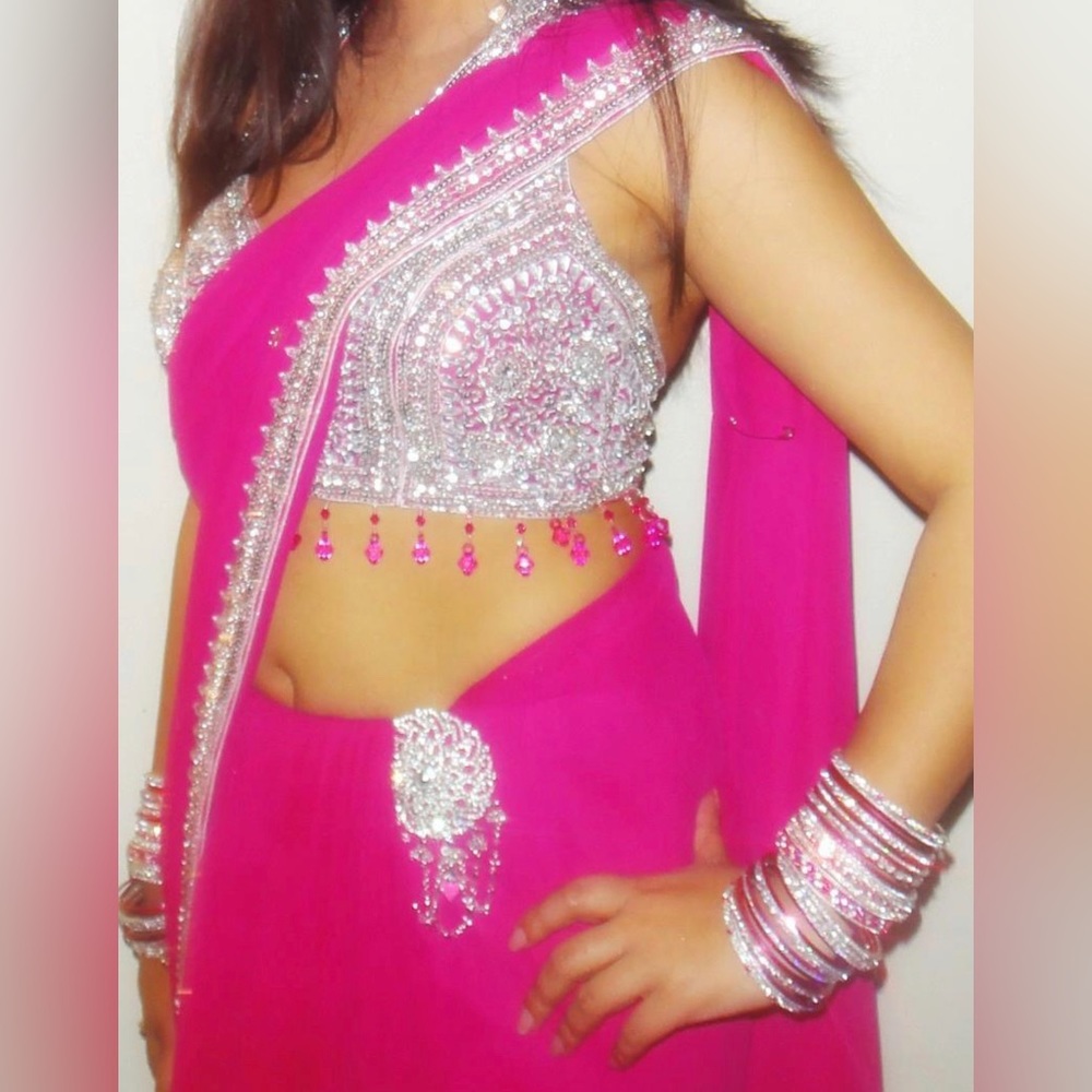 Fuchsia pink saree with halter blouse